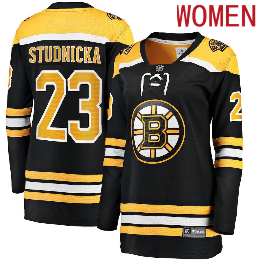 Women Boston Bruins 23 Jack Studnicka Fanatics Branded Black Home Breakaway Player NHL Jersey